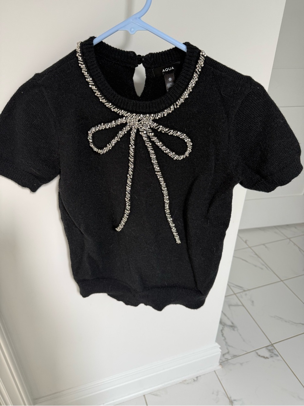 Aqua Black Knit Top with Sparkling Bow Accent